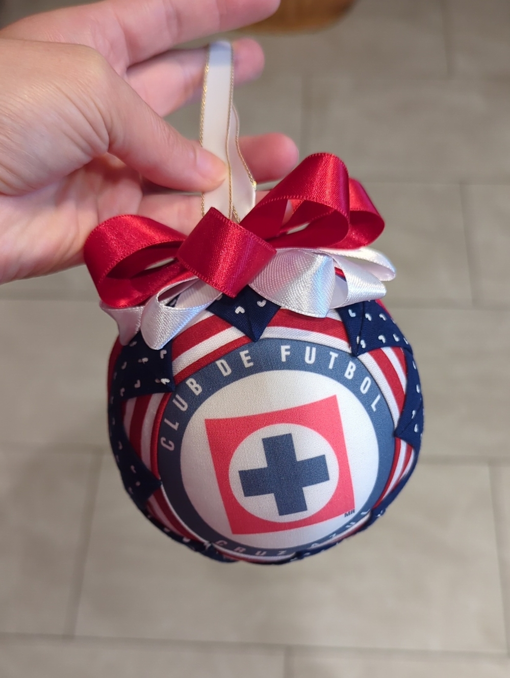 Club de Futbol Red, White & Blue Holiday Ornament with Ribbon Bow